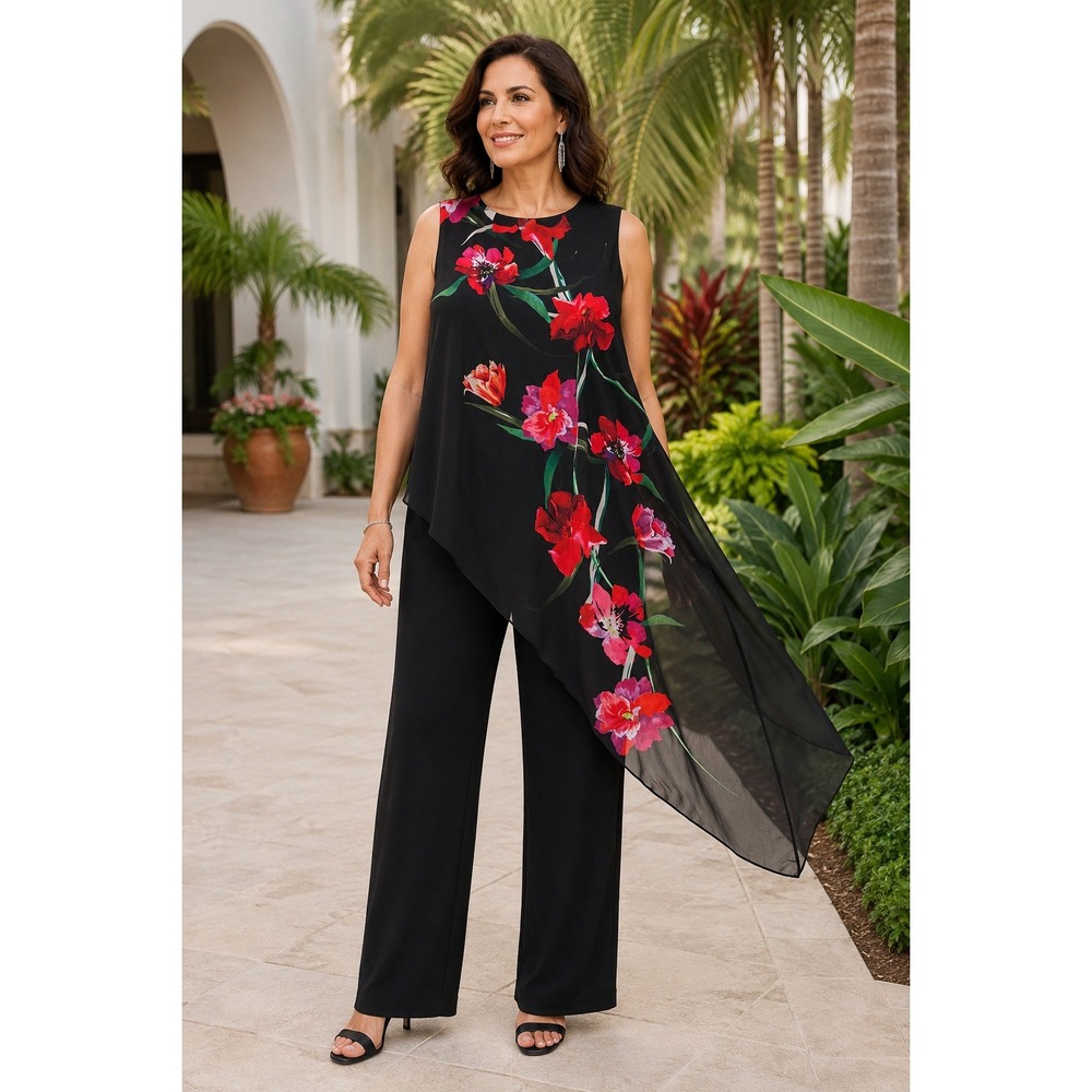 Venus Jumpsuit Women Black Floral Asymmetrical Chiffon Overlay Sleeveless Size 4